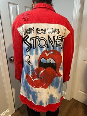 Upcycled Red Denim Shacket Jacket with Rolling Stones Logo
